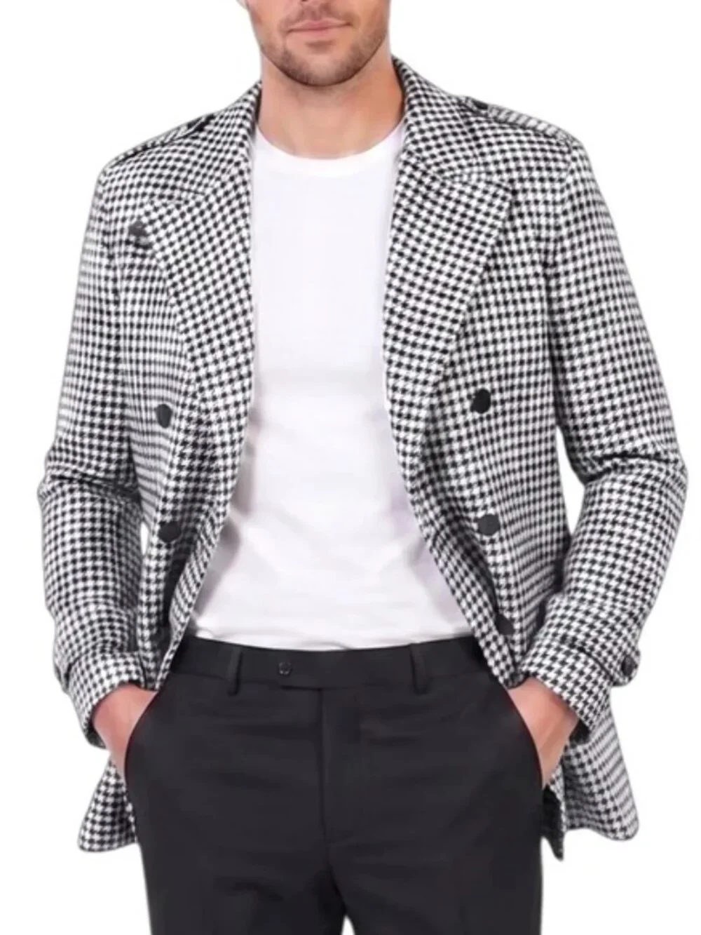 Black/White Houndstooth Double Breasted Slim Fit Men's Jacket